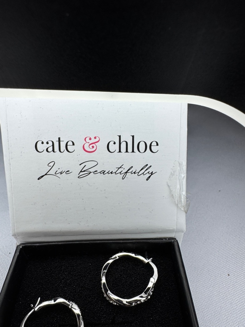 Cate & Chloe Silver Tone Hoop Earrings Rhinestone Gift Box - Picture 4 of 8